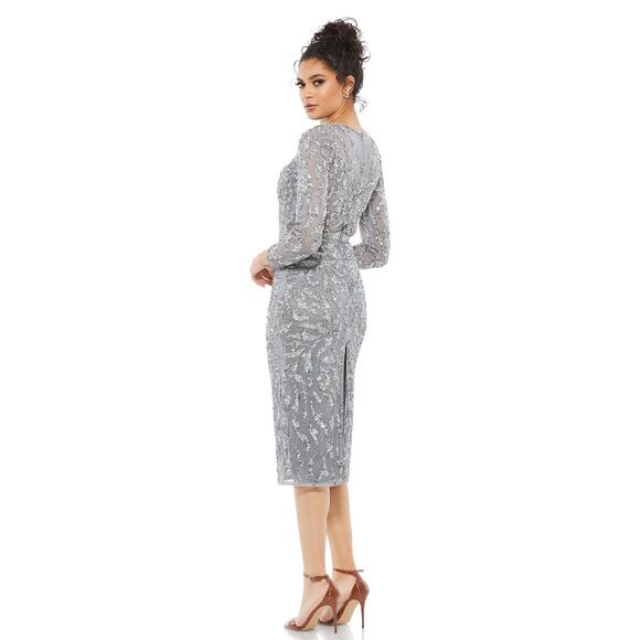 MAC DUGGAL 5521 Embellished Illusion Long Sleeve Sheath Dress Platinum 4 NEW - Picture 3 of 11
